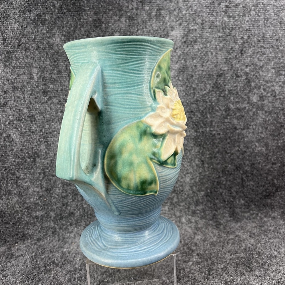 Roseville Pottery Blue Water Lily Double Handled 9" Vase 78-9 USA Green Lily Pad - Picture 2 of 15